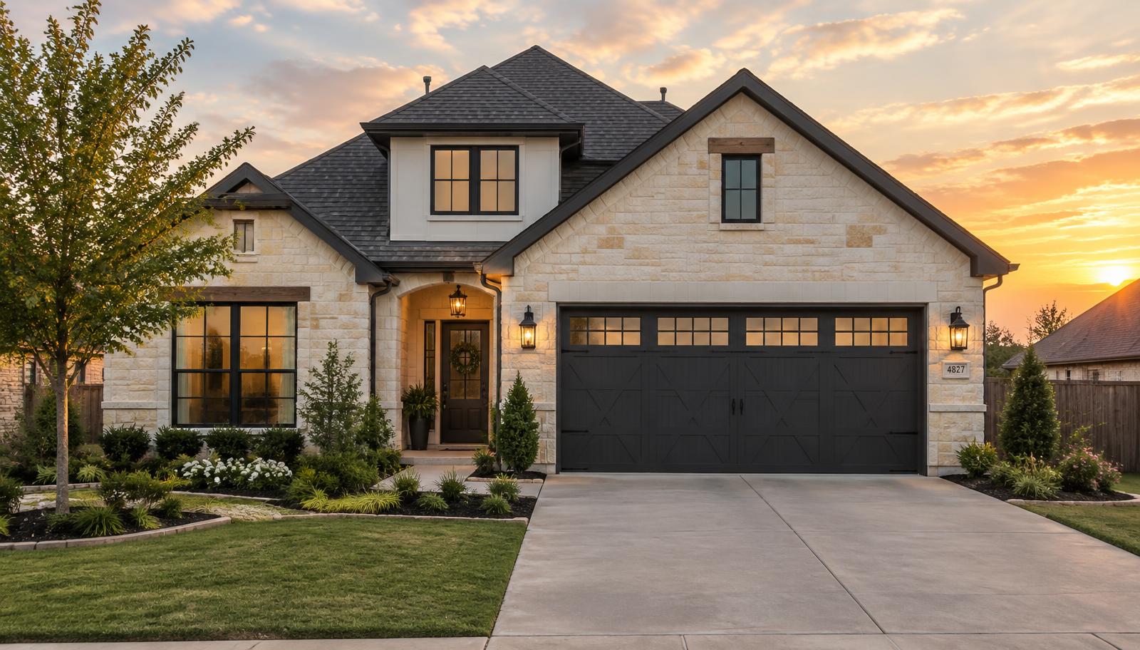 Modern Austin home with a dark carriage-style garage door at sunset