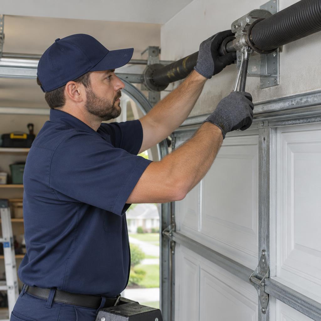 Technician repairing a garage door torsion spring